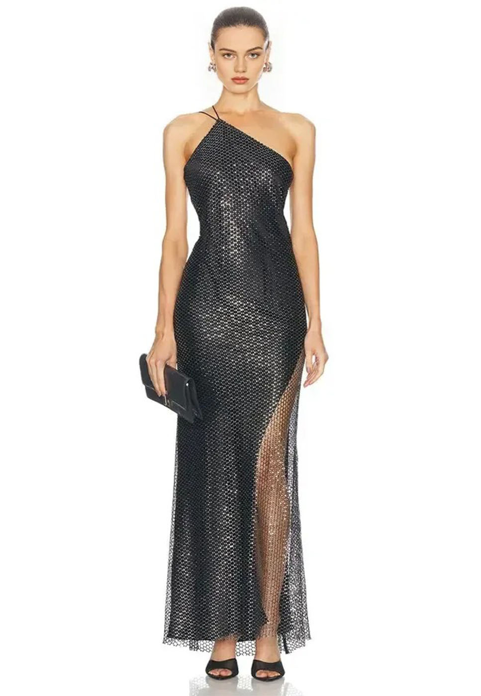 Metallic Silver Sheer Slit One Shoulder Dress